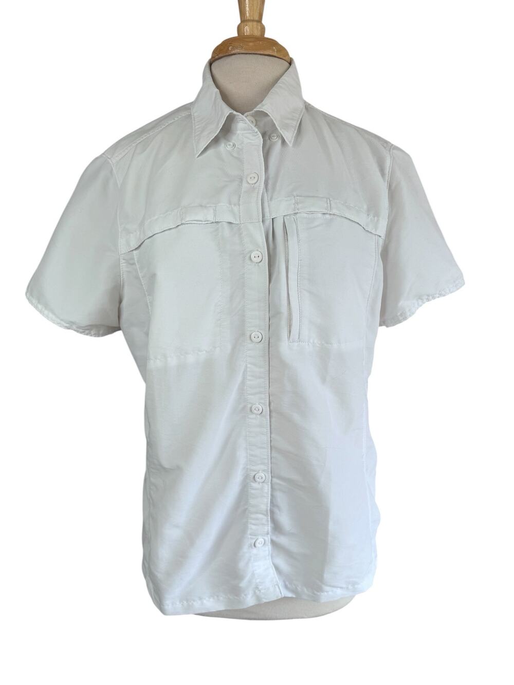 LL BEAN Utility Shirt Short Sleeve in White Size Large Womens UPF Nylon Pockets